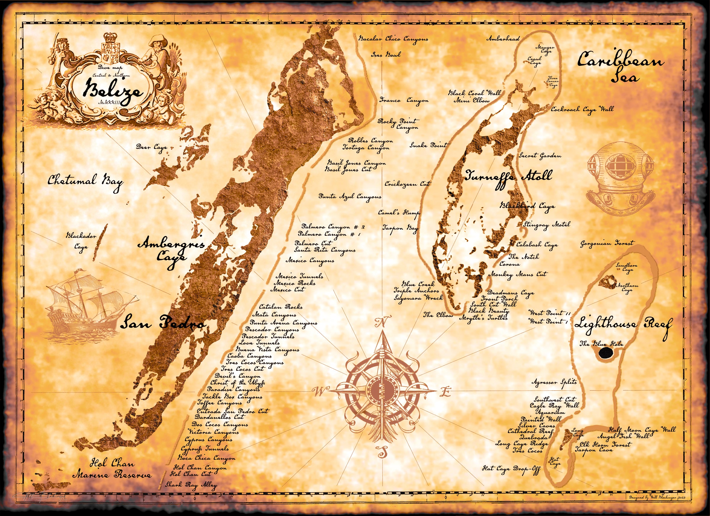 Vintage-style  map of dive locations in Belize