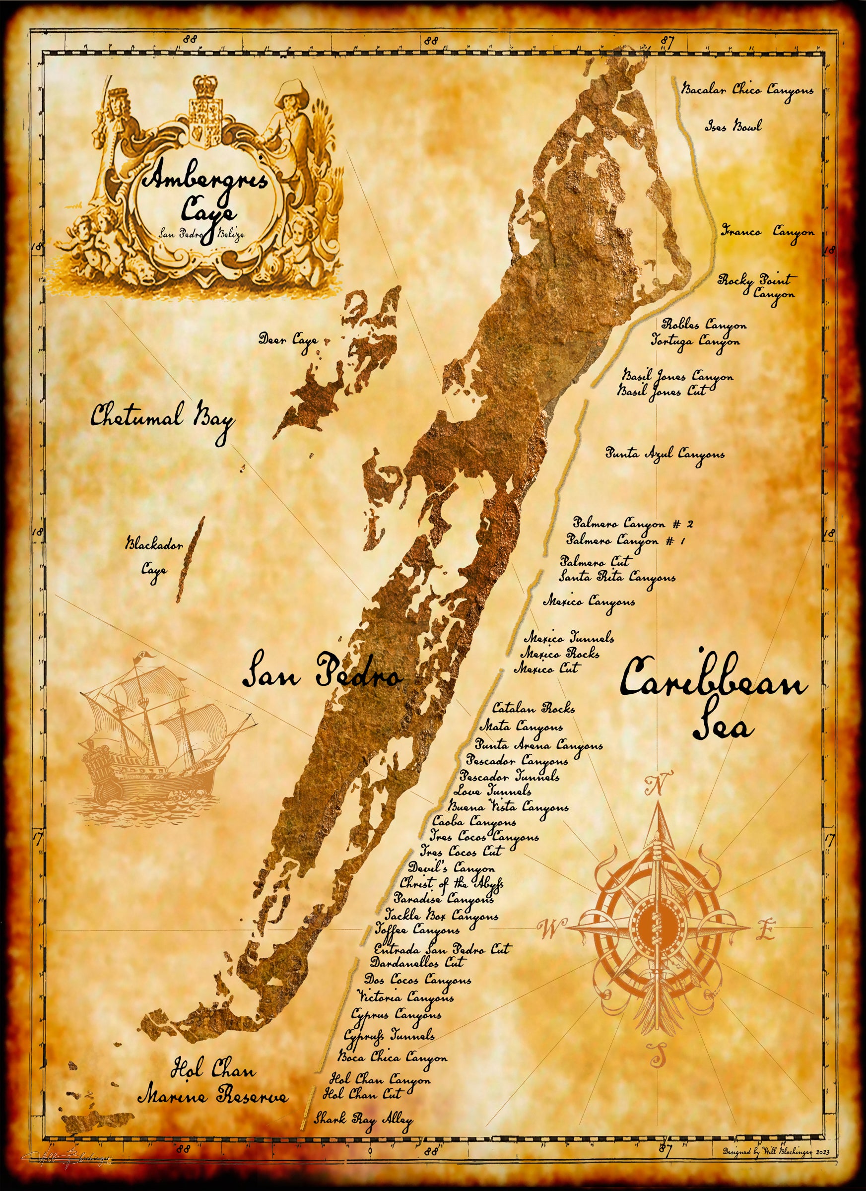 Vintage-style map of San Pedro dive sites with decorative elements on a yellowed paper background