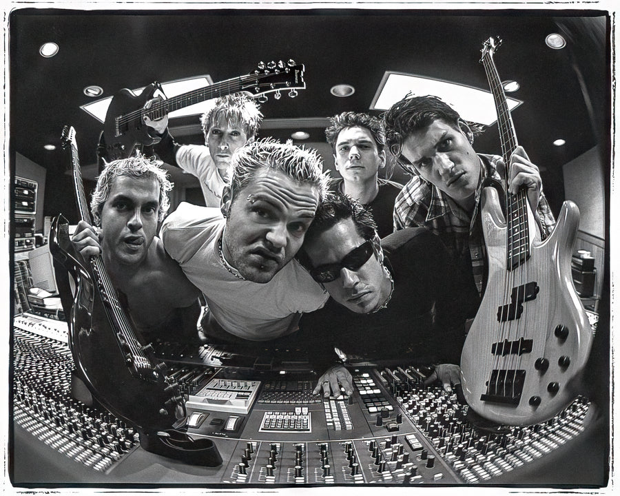 Crazy Town crowded into the frame in black and white with guitars, Westlake Recording Studios